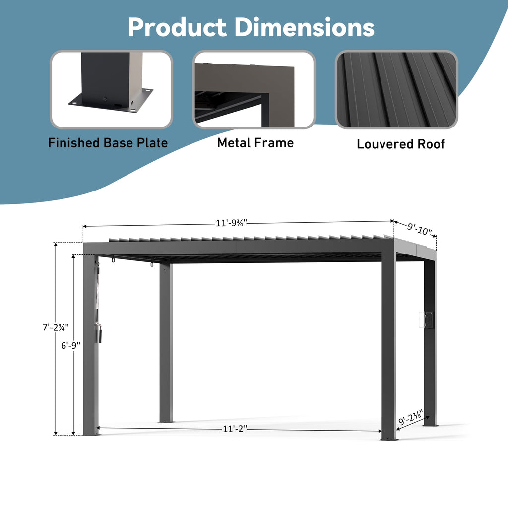 FONA 10'x12' Aluminum Louvered Pergola, Adjustable Roof, USB Charging, Black for Patio