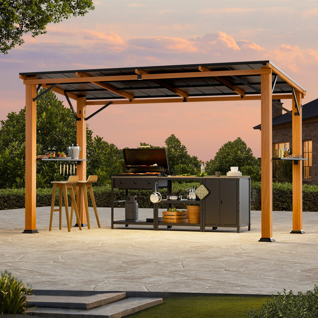 Modern Shade 6‘x12’ Hardtop Grill Gazebo with Shelf, Bottle Opener and Hooks, Rustproof Wood-Look Aluminum Design for Backyard Garden and Patio Brown