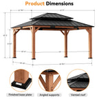 Modern Shade 12'x16'Outdoor Cedar Wood Hardtop Gazebo with Double Steel Roof, Hooks, for Backyard, Patio or Deck