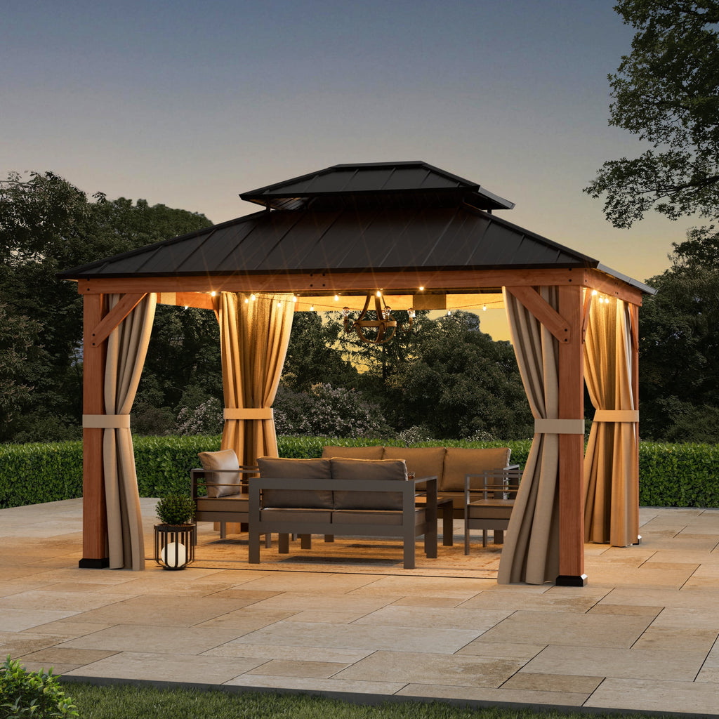 FONA Rosewood 10' x 12' Cedar Gazebo with Double Steel Roof, Mosquito Netting, Curtains & Sturdy Hooks for Backyard, Patio