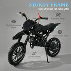 FONA 49cc 2-Stroke Dirt Bike for Kids 8-12, 25mph Mini Motorcycle with Dual Disc Brakes, Multi Terrain Tires, Suspension & Soft Seat Black