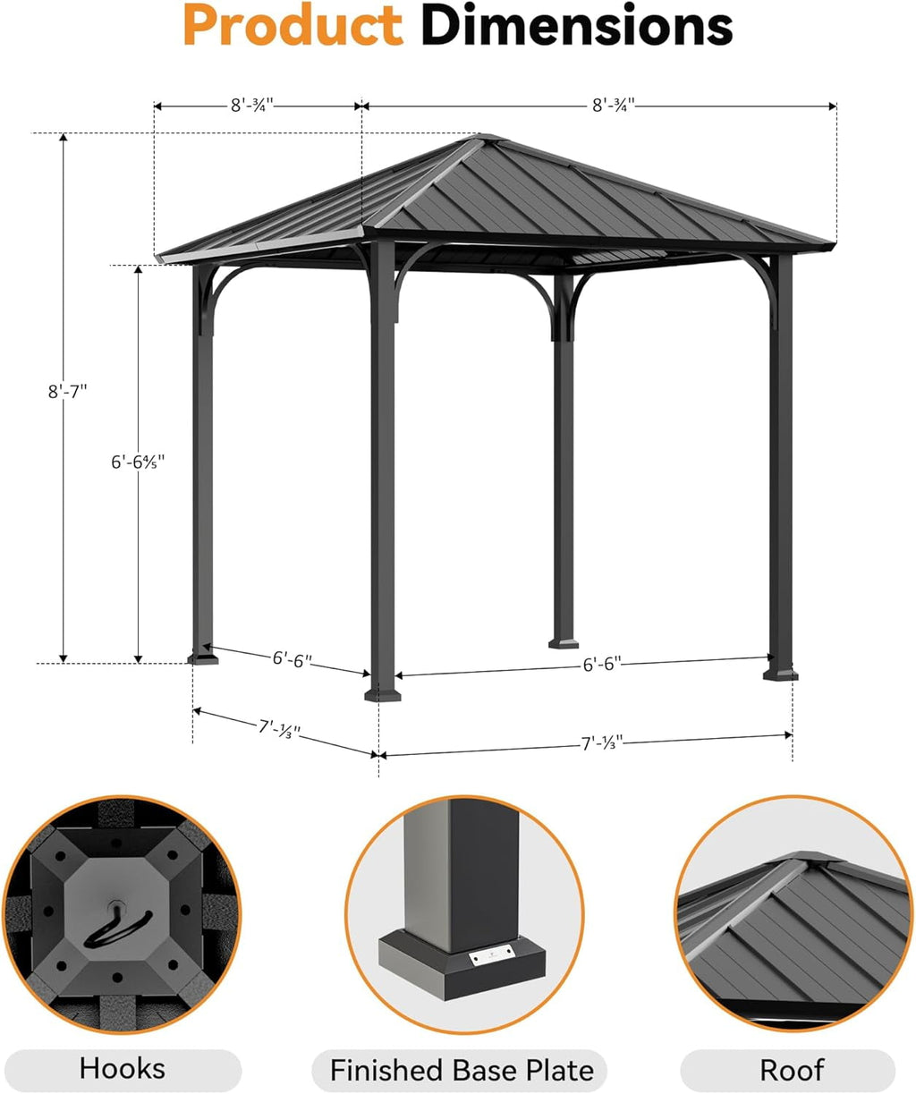 Modern Shade 8'x8' Hardtop Gazebo with Steel Roof & Curtains,All-Weather Metal Pavilion for Patio,Backyard