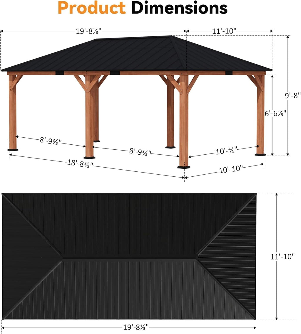Modern Shade 12‘x20’ Hardtop Wood Gazebo Galvanized Steel Roof Mosquito Net Durable Curtains Permanent Backyard Garden Pavilion