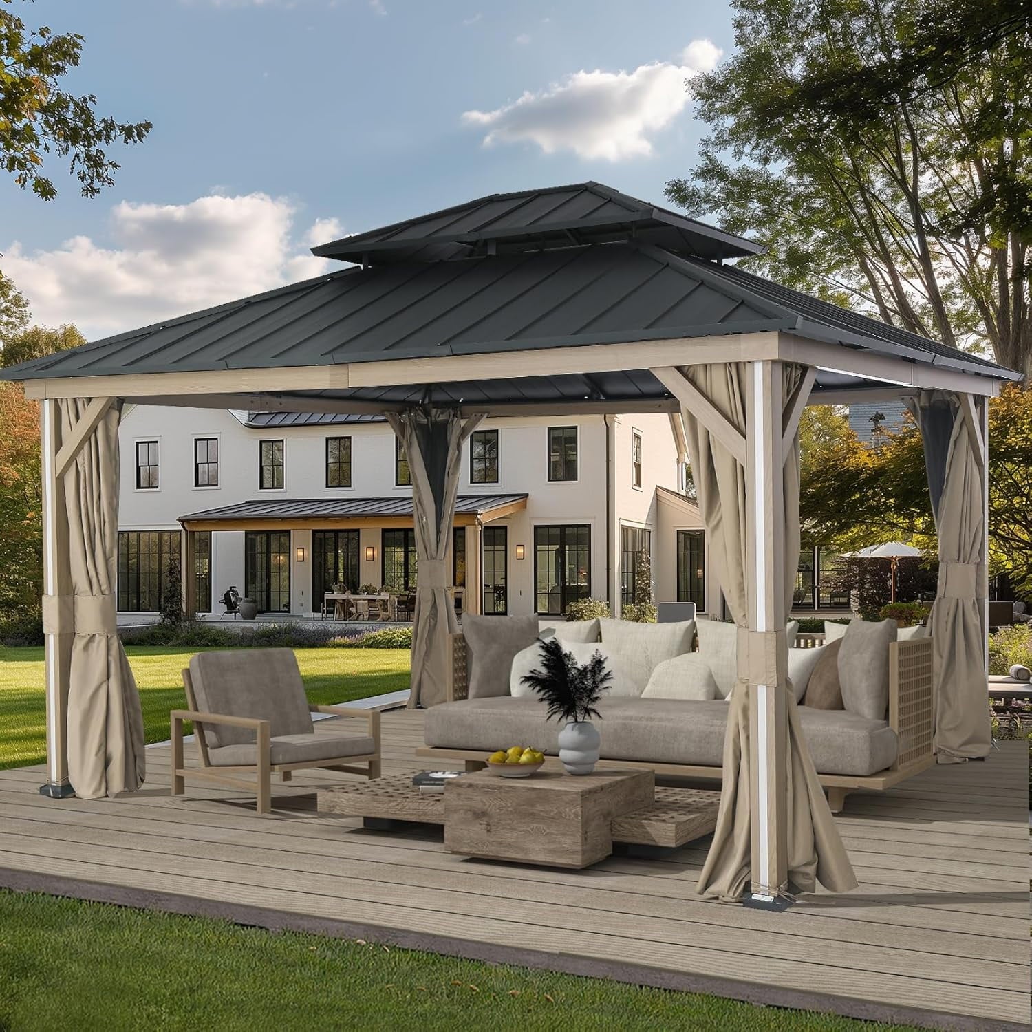 Modern Shade 12' x 14' Hardtop Gazebo with LED Lights, USB Ports, Curtains & Netting for Patio