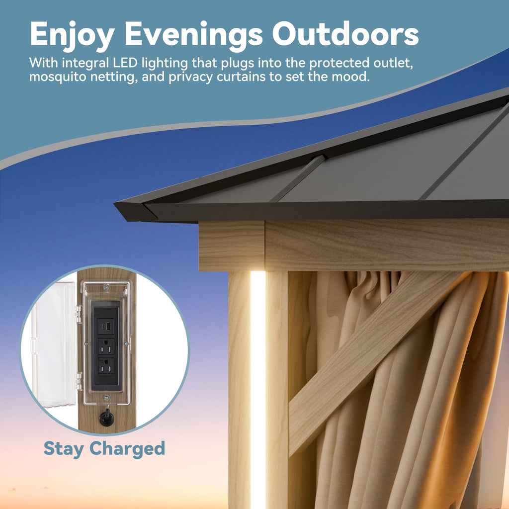 FONA 10'x12' Hardtop Gazebo with LED Lights,Double Roof,USB Port,Netting & Curtains for Patio,Brown