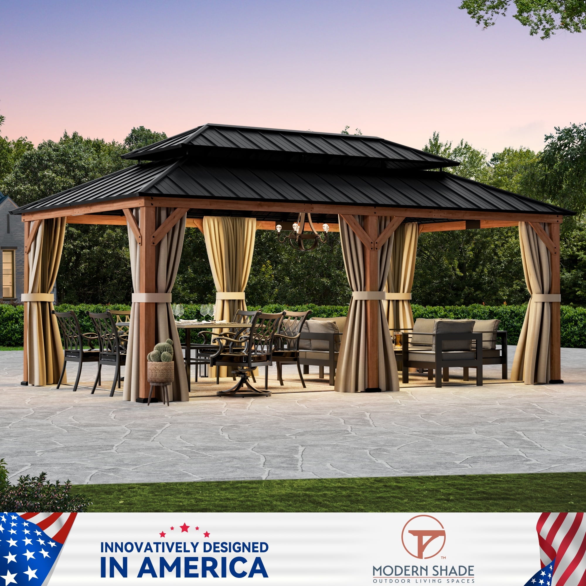 Modern Shade 12'x20'Outdoor Cedar Wood Hardtop Gazebo with Double Steel Roof, Mosquito Net Rods for Backyard Use