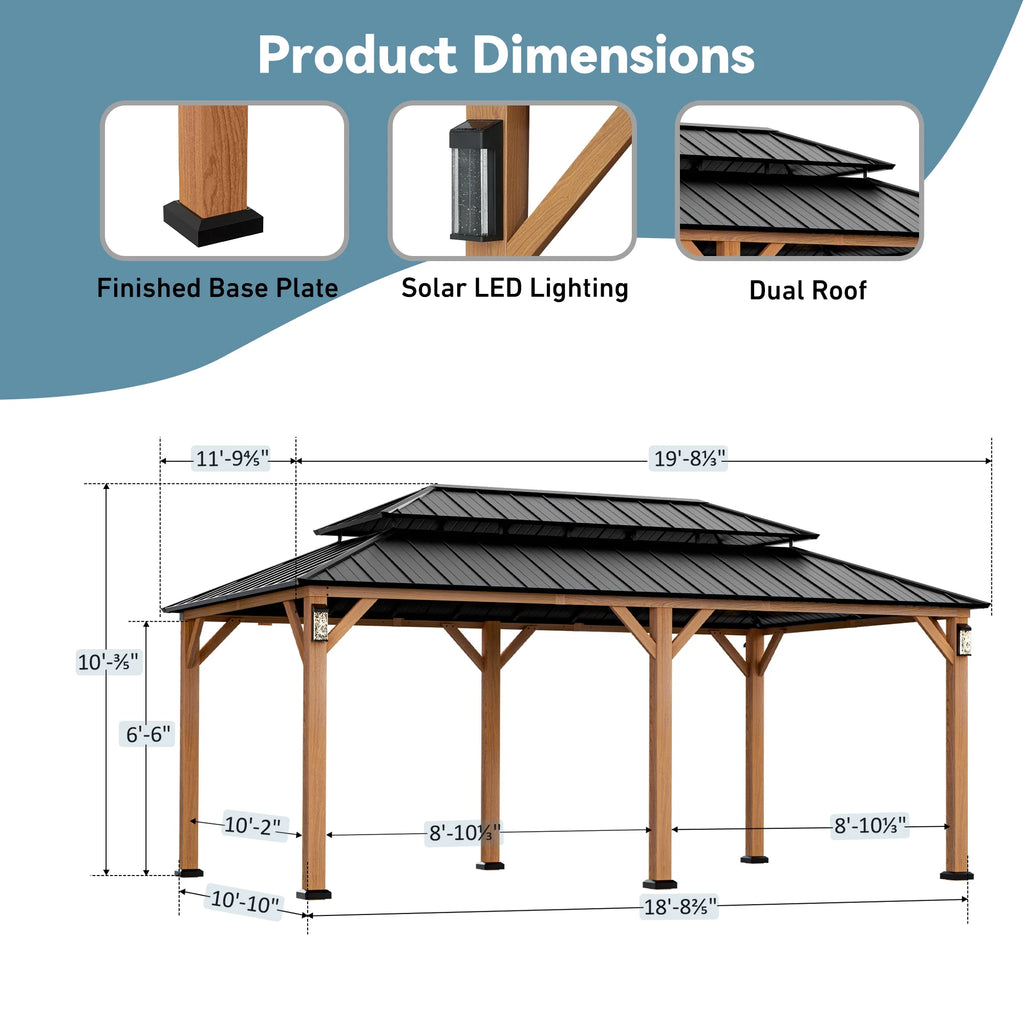 Modern Shade Hardtop Gazebo 12' x 20' with 4 LED Lights, Permanent Gazebo with Double Galvanized Steel Roof for Outdoor Backyard, Brown