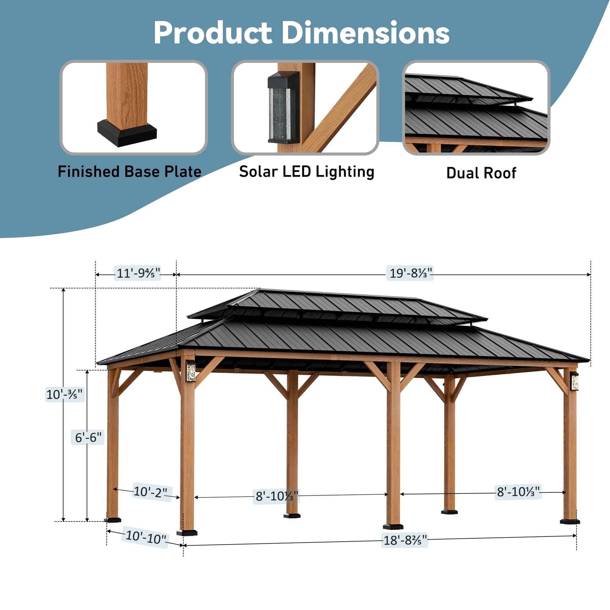 Modern Shade Hardtop Gazebo 12' x 20' with 4 LED Lights, Permanent Gazebo with Double Galvanized Steel Roof for Outdoor Backyard, Brown