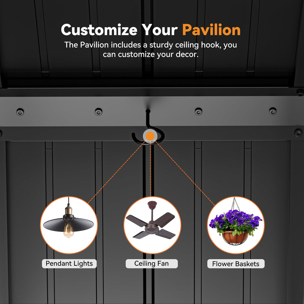 Modern Shade 12'x24' Steel Hardtop Gazebo with Galvanized Double Roof & 4 LEDs Weatherproof Pavilion with Mosquito Netting, Curtains Hooks Black