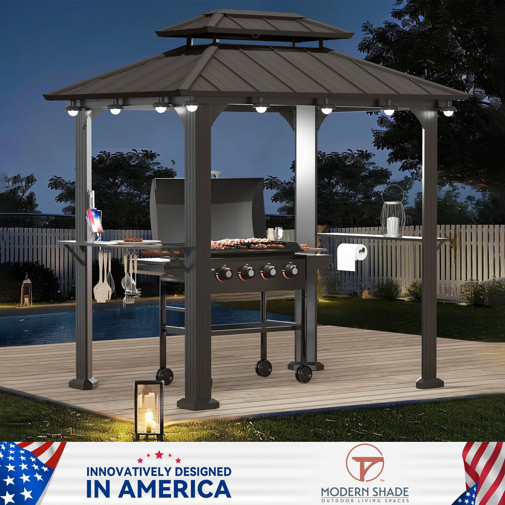Modern Shade 6‘x 8‘ Gazebo featuring rustproof steel roof, practical storage shelves and lighting hook weather-resistant for backyard bbqs Black
