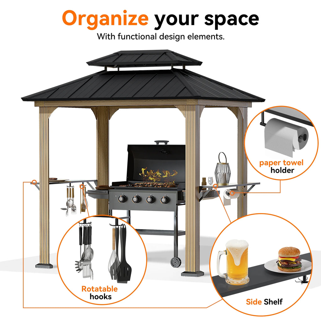 Modern Shade 6' x 8' Aluminum Grill Gazebo, Galvanized Steel Hardtop with Shelves, Ceiling Hook & Extra-Wide Columns, Wood Grain