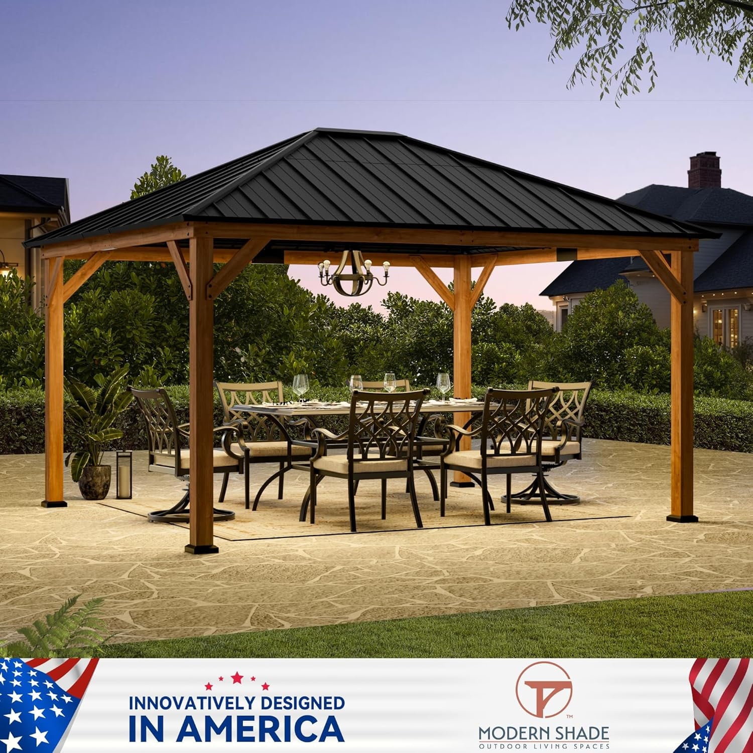 Modern Shade 12'x 14'Outdoor Cedar Wood Hardtop Gazebo with Galvanized Steel Roof for Patio or Backyard