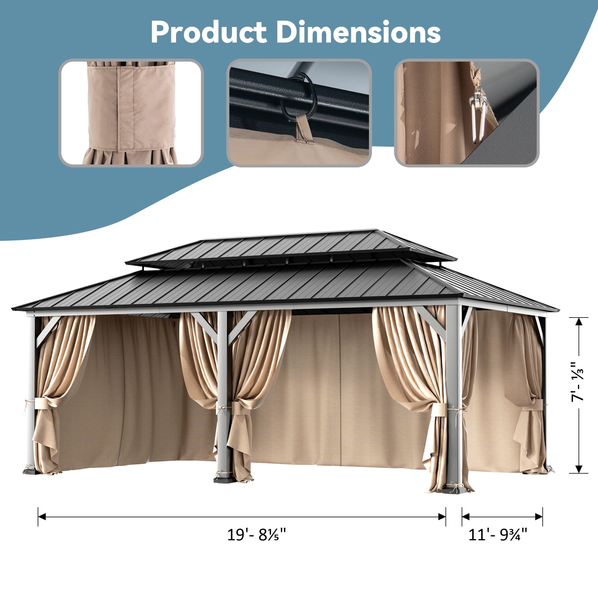 FONA Gazebo Curtain Replacement Universal 4-Panel Sidewalls 12'x20', Outdoor Gazebo Privacy Curtains with Zipper, Replacement for Outdoor, Patio Canopy, Garden and Backyard (Curtain Only)