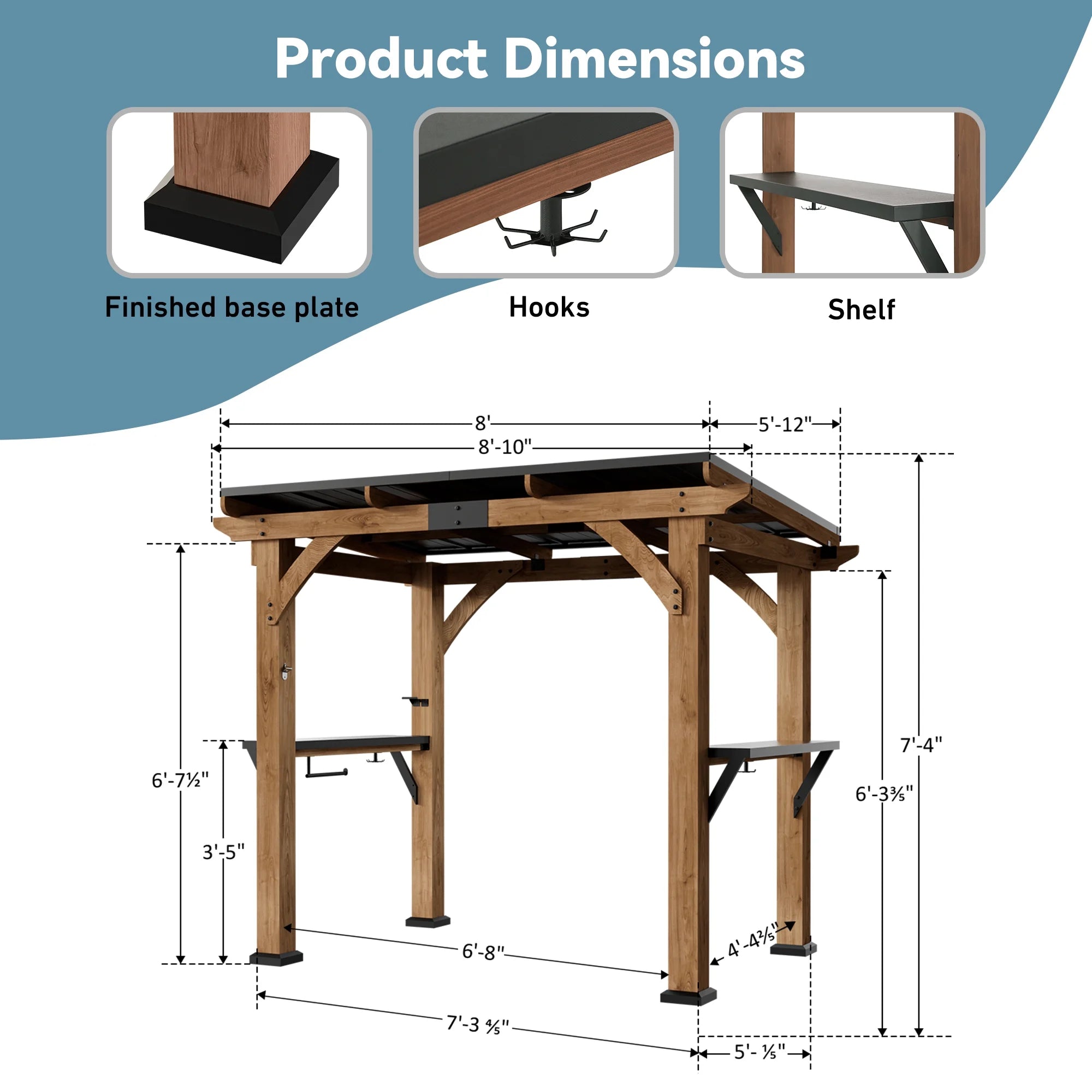 Modern Shade 6' x8' Grill Gazebo Cedar Wood Frame Galvanized Steel Roof Paper Towel Holder Rotatable Hooks