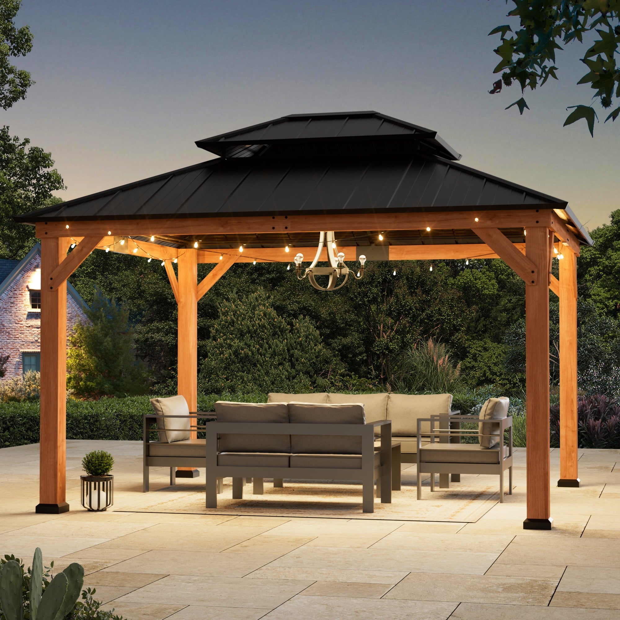 FONA Rosewood Wood Gazebo 10' x 12', Cedar Framed Grill Gazebo with Double Galvanized Steel Roof, Permanent Hardtop Pavilion with Sturdy Hooks for Garden, Backyard, Patio, and Deck