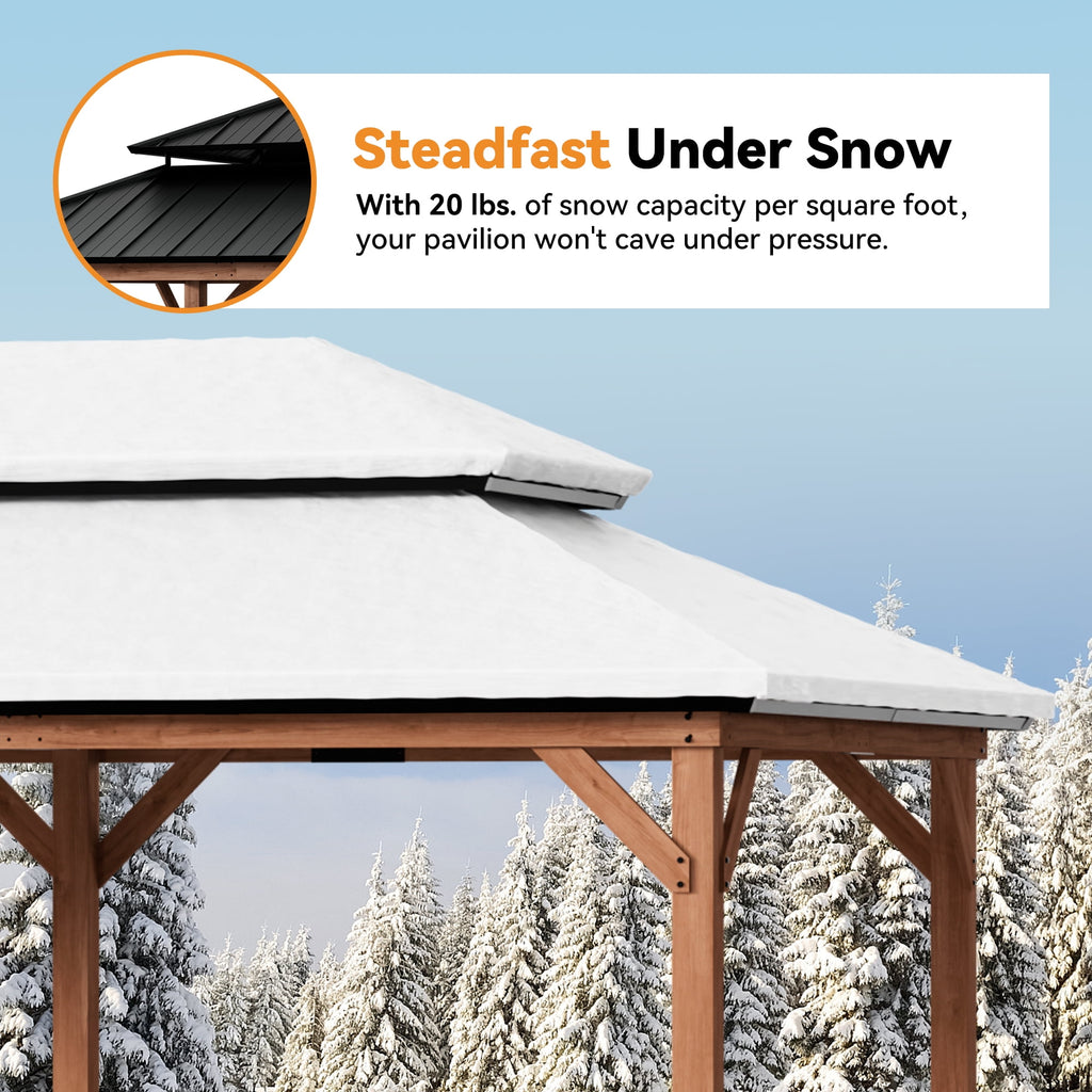 Modern Shade 12'x20'Outdoor Cedar Wood Hardtop Gazebo with Double Steel Roof, Mosquito Net Rods for Backyard Use