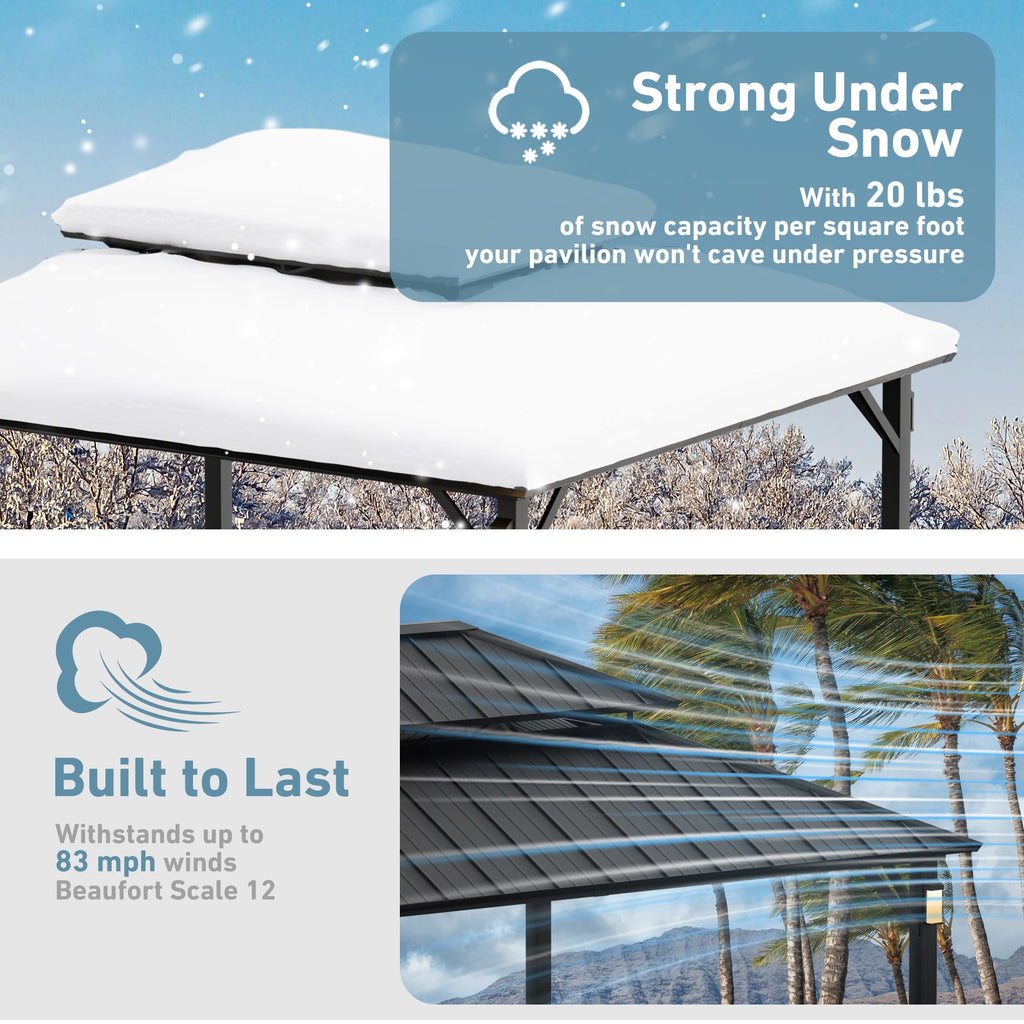 FONA 12'x14' Permanent Hardtop Gazebo with LED Lights,Netting & Hooks,Black