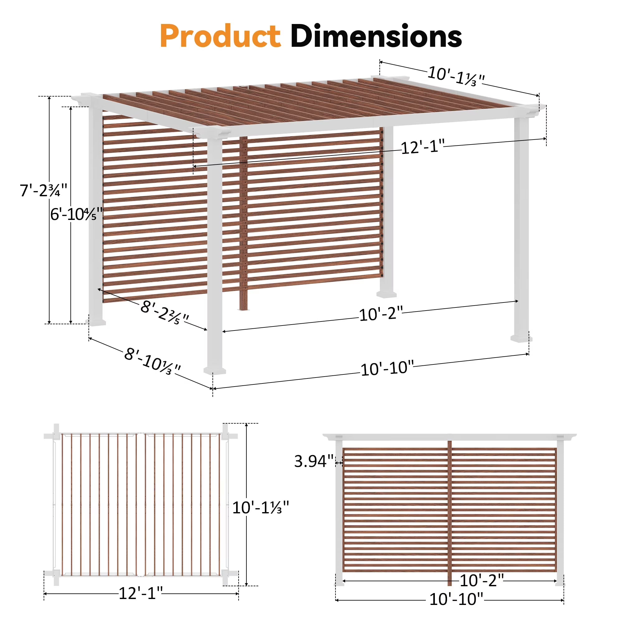 Modern Shade 10'x12' Open Sky Pergola Cabana with Trellis Roof, Heavy Duty Metal Frame, Privacy Curtains, Wood Grain Back Wall & Textilene Sun Shelter for Patio