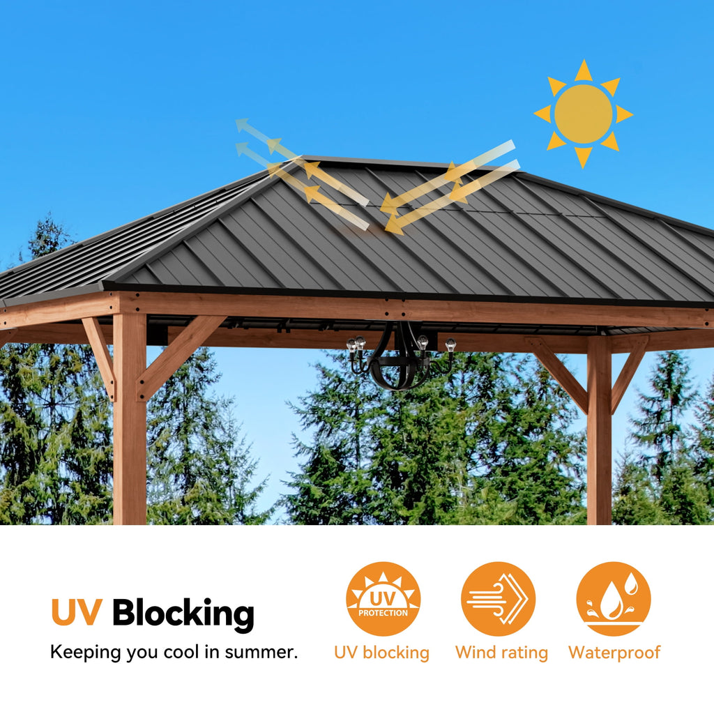 Modern Shade 12'x 16'Outdoor Cedar Wood Hardtop Gazebo with Galvanized Steel Roof and Mosquito Net for Patio or Backyard