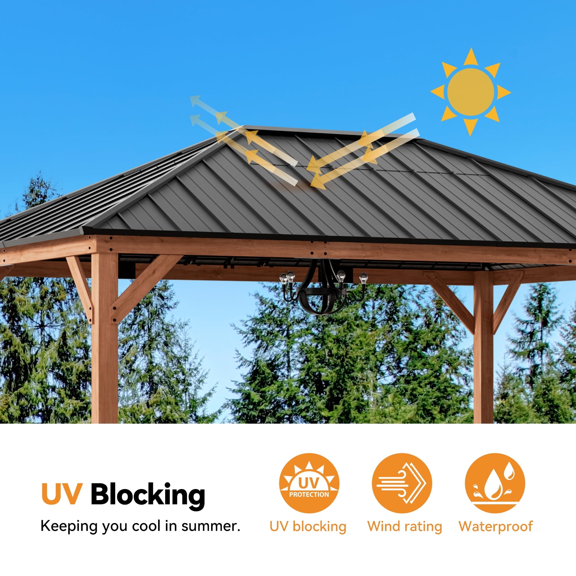Modern Shade 12'x 16'Outdoor Cedar Wood Hardtop Gazebo with Galvanized Steel Roof and Mosquito Net for Patio or Backyard