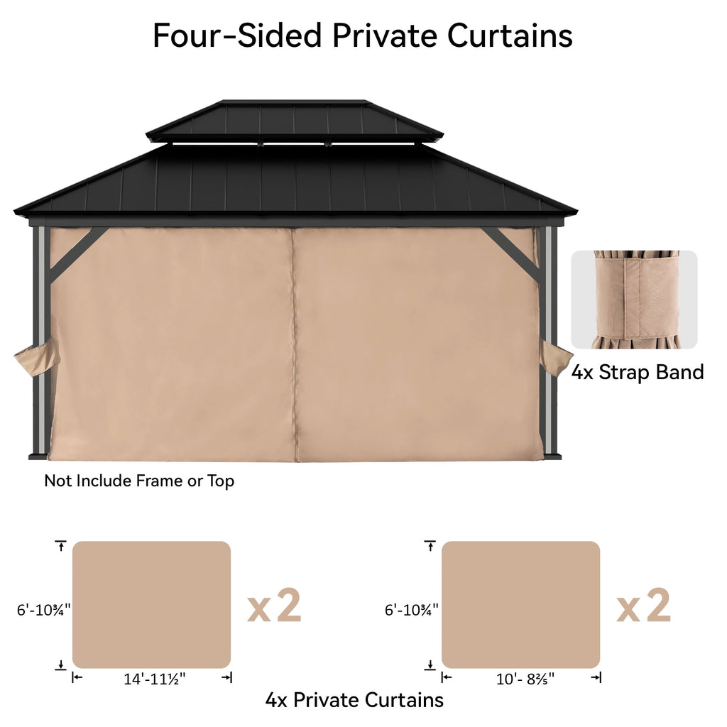 FONA Gazebo Curtain Replacement Universal 4-Panel Sidewalls 12' x 16', Outdoor Gazebo Privacy Curtains with Zipper (Curtain Only)
