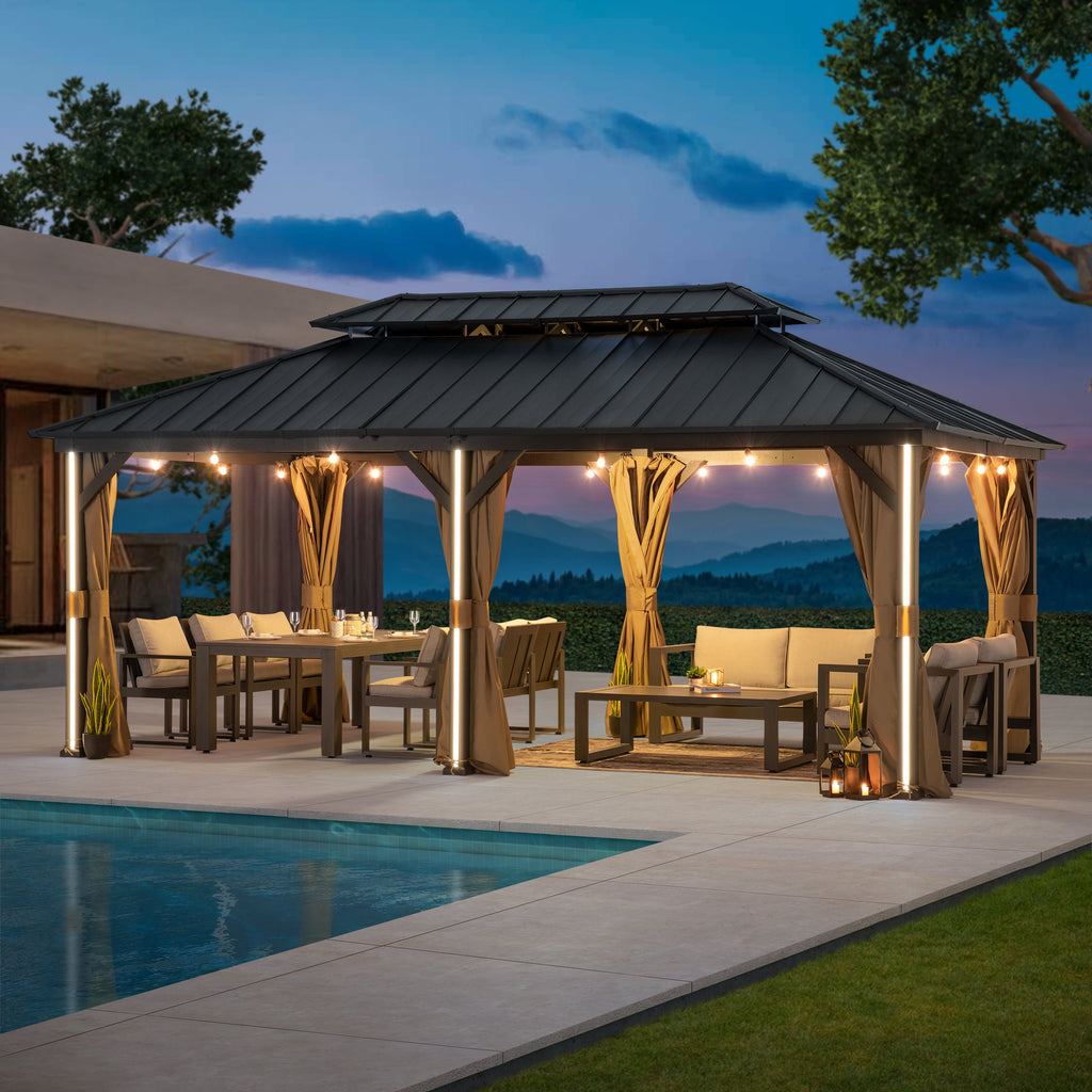 Modern Shade 12' x 20' Metal Hardtop Gazebo with Double Roof, 6 LED Lights, USB Ports, Curtains & Netting