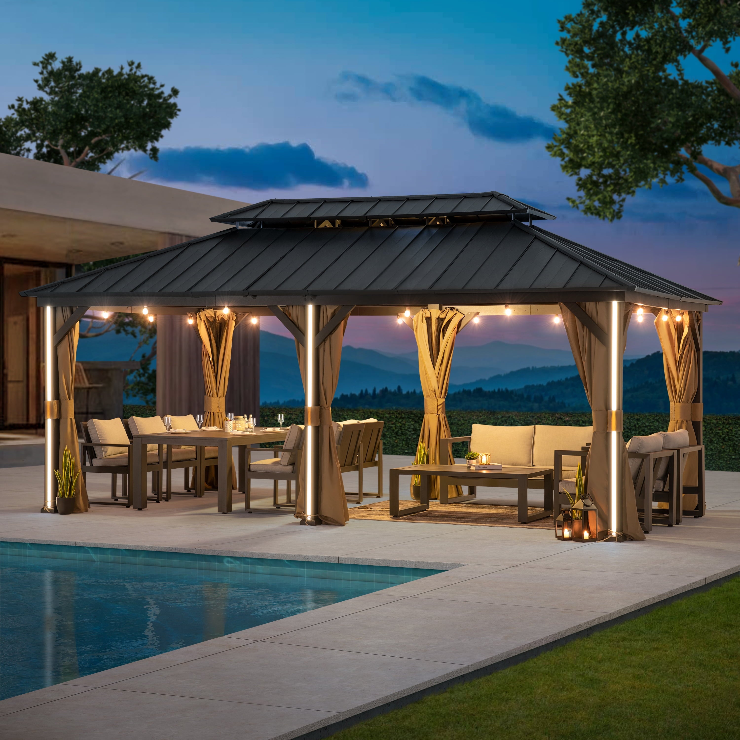 Modern Shade 12' x 20' Metal Hardtop Gazebo with Double Roof, 6 LED Lights, USB Ports, Curtains & Netting