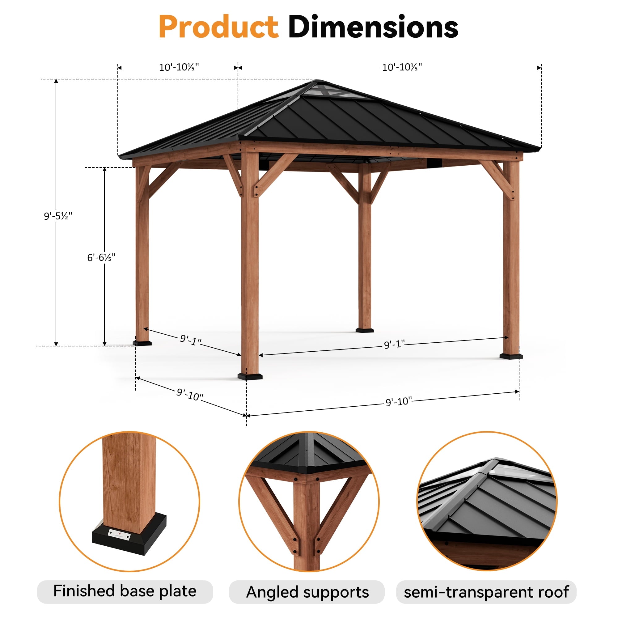 Modern Shade 11'x 11'Outdoor Cedar Wood Hardtop Gazebo with Galvanized Steel Roof and Sunshine Board for Patio Use
