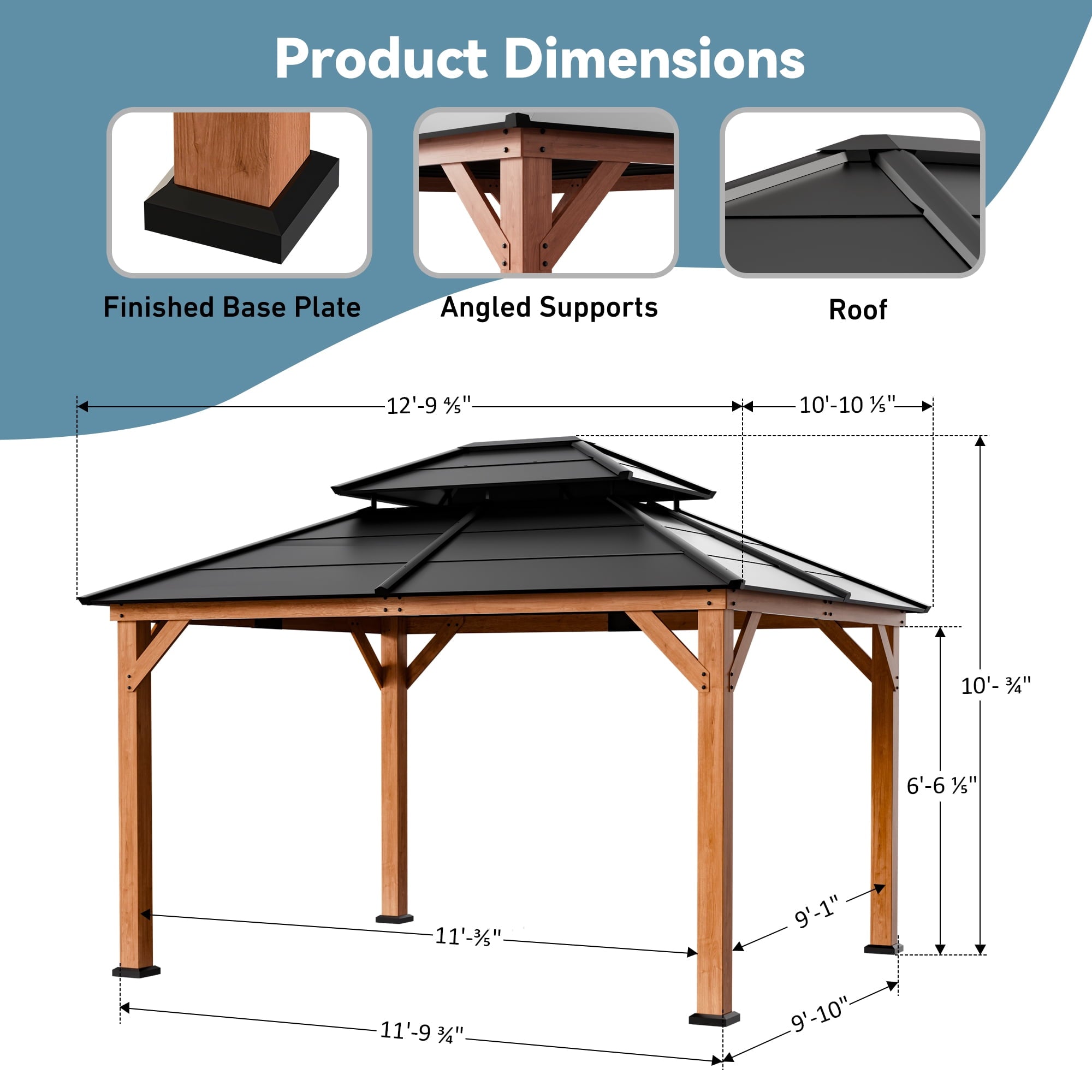 Modern Shade 11'x13' Wood Gazebo FSC-Certified Cedar Double Galvanized Steel Roof for Garden Backyard