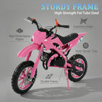 FONA 49cc 2-Stroke Dirt Bike for Kids 8-12, 25mph Mini Motorcycle with Dual Disc Brakes, Multi Terrain Tires, Suspension & Soft Seat Pink