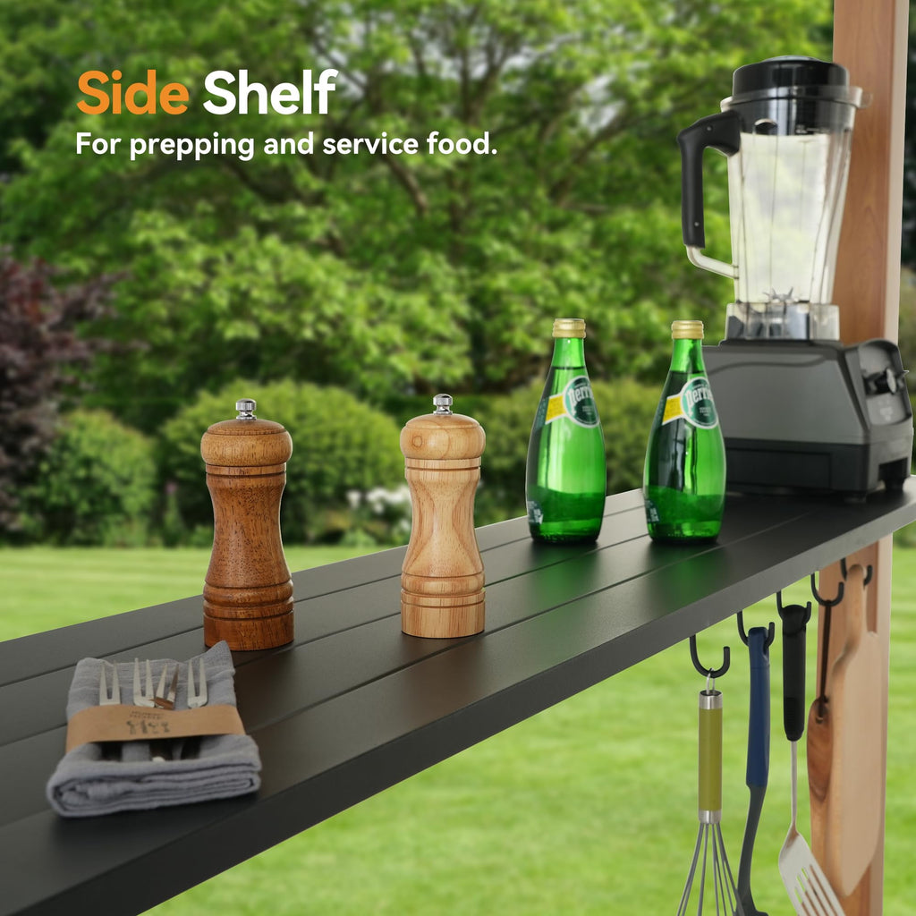 Modern Shade 6‘x12’ Hardtop Grill Gazebo with Shelf, Bottle Opener and Hooks, Rustproof Wood-Look Aluminum Design for Backyard Garden and Patio Brown