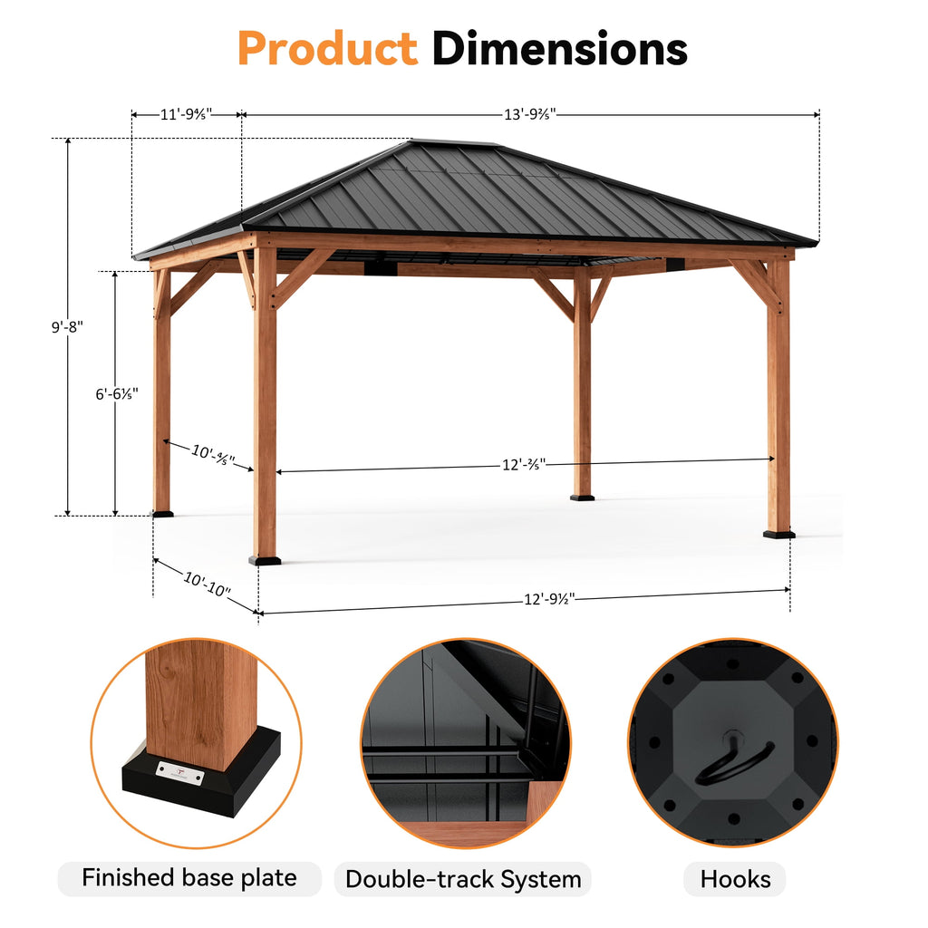 Modern Shade 12'x 14'Outdoor Cedar Wood Hardtop Gazebo with Galvanized Steel Roof and Mosquito Net for Patio or Backyard