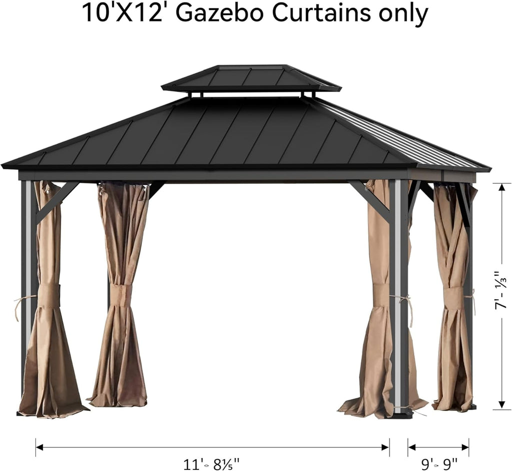 FONA Gazebo Curtain Replacement Universal 4-Panel Sidewalls 10' x 12', Outdoor Gazebo Privacy Curtains with Zipper, Replacement for Outdoor, Patio Canopy, Garden and Backyard
