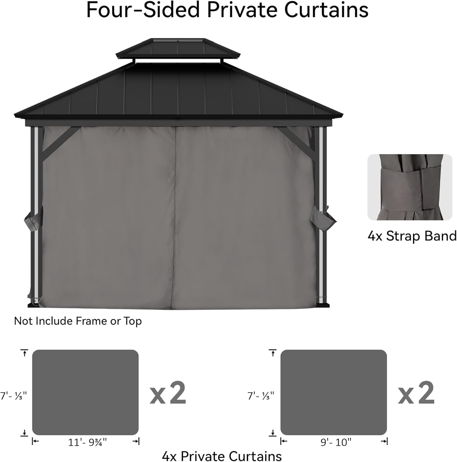 FONA Gazebo Curtain Replacement Universal 4-Panel Sidewalls 10' x 12', Outdoor Gazebo Privacy Curtains with Zipper, Replacement for Patio Canopy, Garden, Backyard, Grey