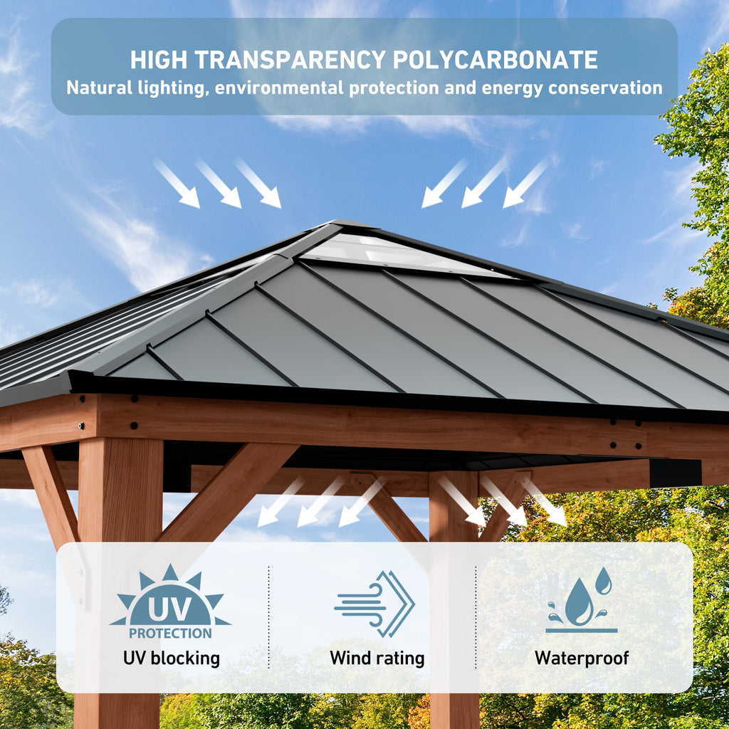FONA 11'x11' Wood Gazebo with Galvanized Steel Roof & Sunshine Board,Permanent Hardtop Pavilion