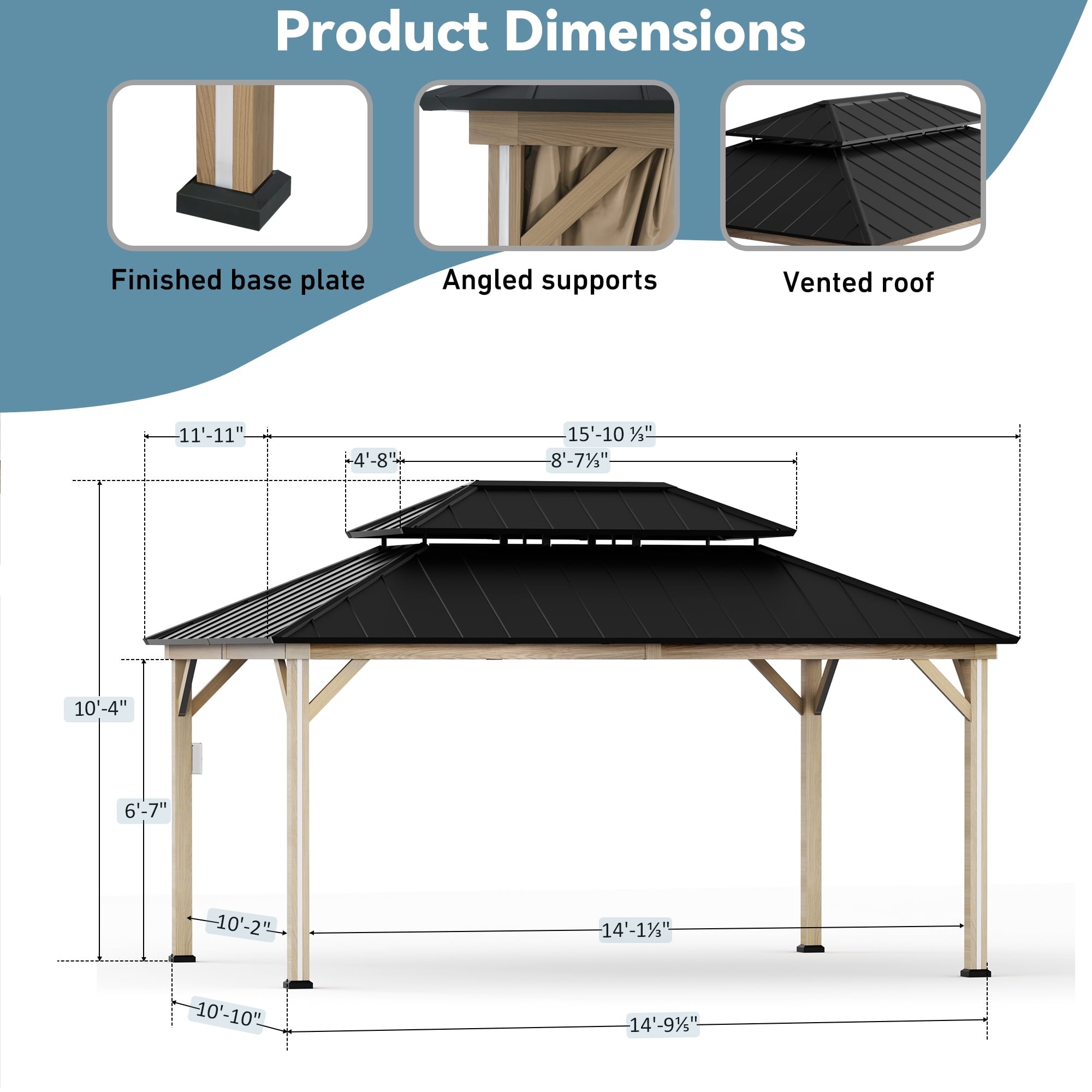 FONA 12'x16' Permanent Hardtop Gazebo,Aluminum Frame & Double Roof,LED Lights,Brown