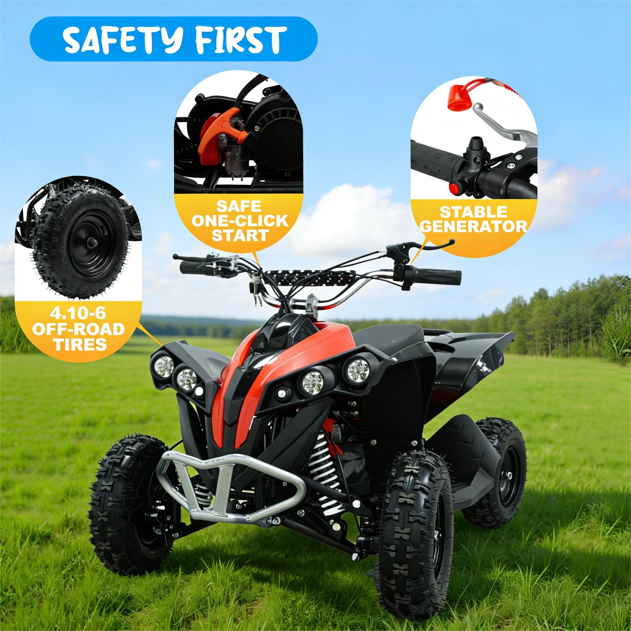 FONA 49CC Kids ATV - 2-Stroke Gas Powered Mini Quad with Front/Rear Disc Brakes, Speed Limiter, Supports 300 LBS