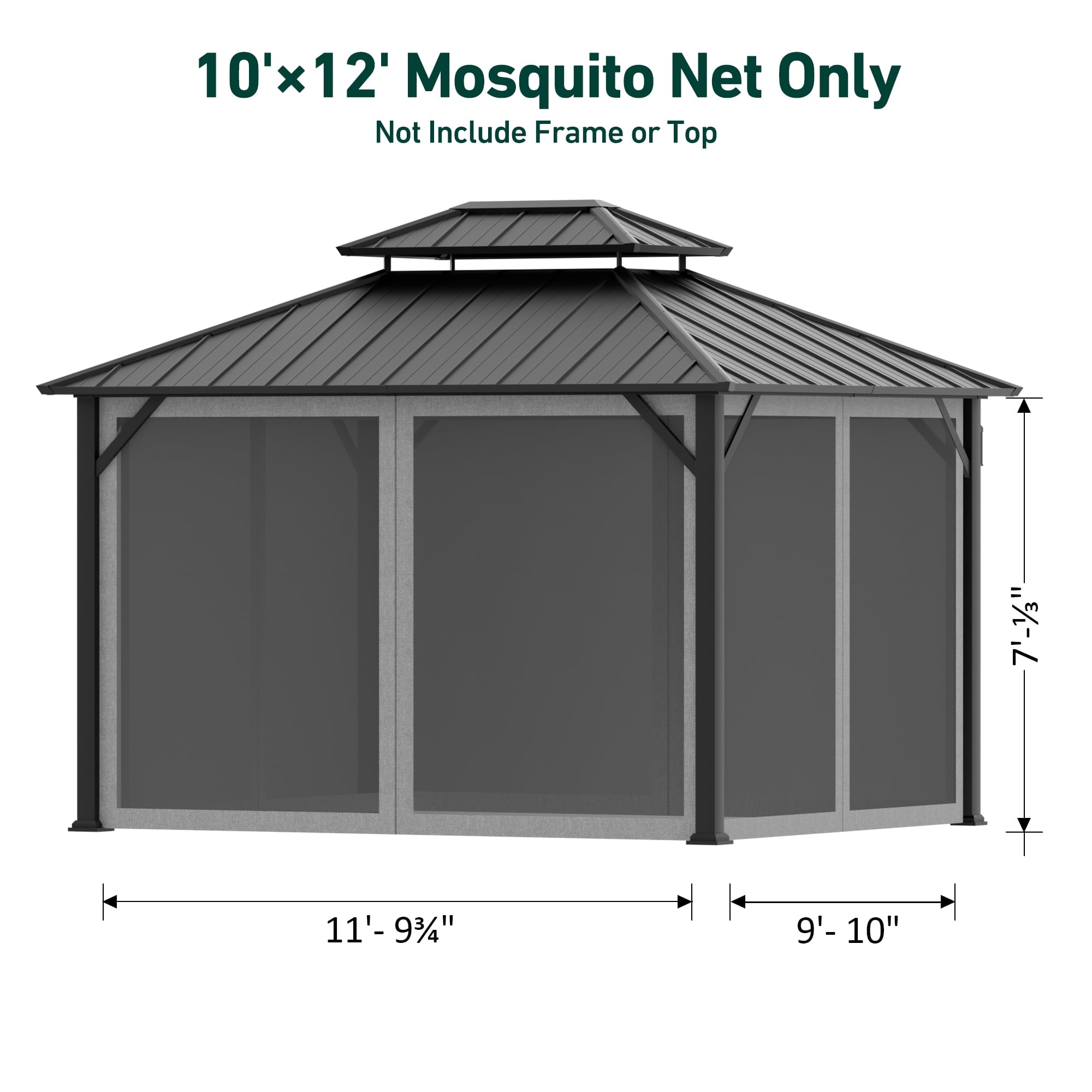 FONA Gazebo Mosquito Netting Replacement Universal 4-Panel Sidewalls 10' x 12', Outdoor Gazebo Mosquito Nettings with Double Zipper, Replacement for Patio, Garden, Grey (Mosquito Net Only)