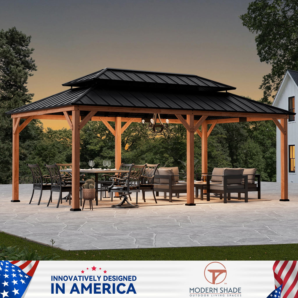 Modern Shade 12'x20'Outdoor Cedar Wood Hardtop Gazebo with Double Steel Roof, Hooks, for Backyard, Patio or Deck