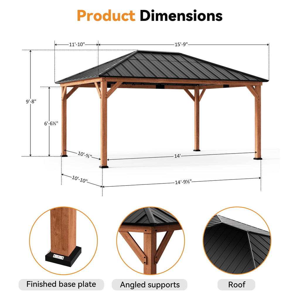 Modern Shade 12'x 16'Outdoor Cedar Wood Hardtop Gazebo with Galvanized Steel Roof and Mosquito Net for Patio or Backyard