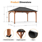 Modern Shade 12'x 16'Outdoor Cedar Wood Hardtop Gazebo with Galvanized Steel Roof and Mosquito Net for Patio or Backyard