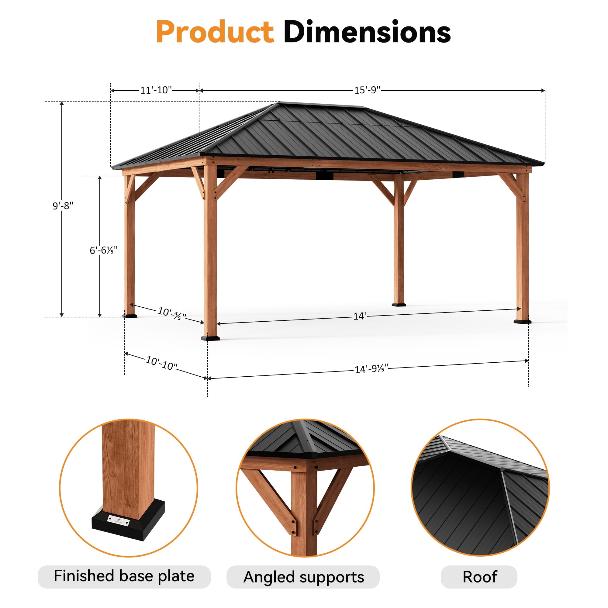 Modern Shade 12'x 16'Outdoor Cedar Wood Hardtop Gazebo with Galvanized Steel Roof and Mosquito Net for Patio or Backyard