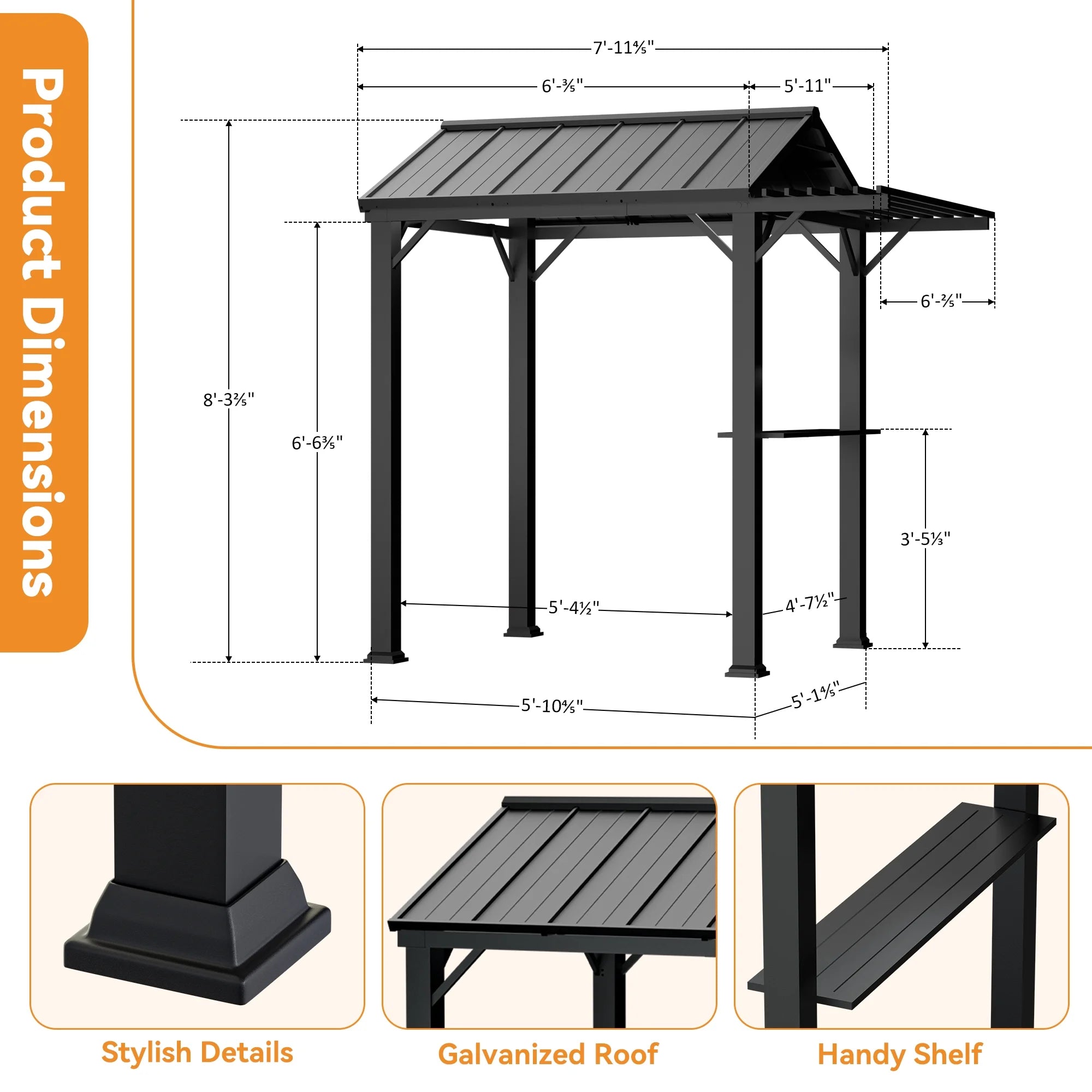 FONA 6x8 Modern Shade Grill Gazebo with Galvanized Steel Roof,Waterproof,Rust-Resistant,4-Season Use