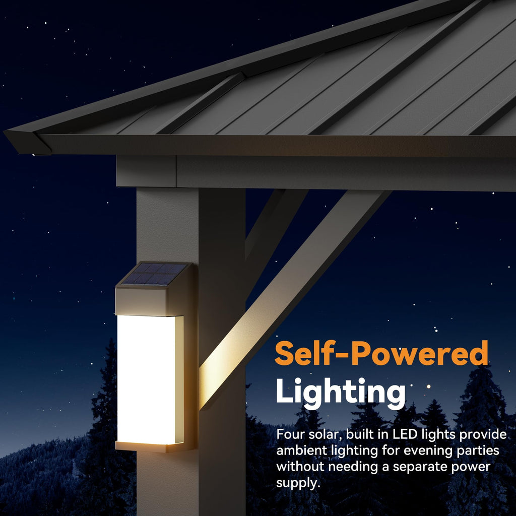 Modern Shade 12'x24' Steel Hardtop Gazebo with Galvanized Double Roof & 4 LEDs Weatherproof Pavilion with Mosquito Netting, Curtains Hooks Black