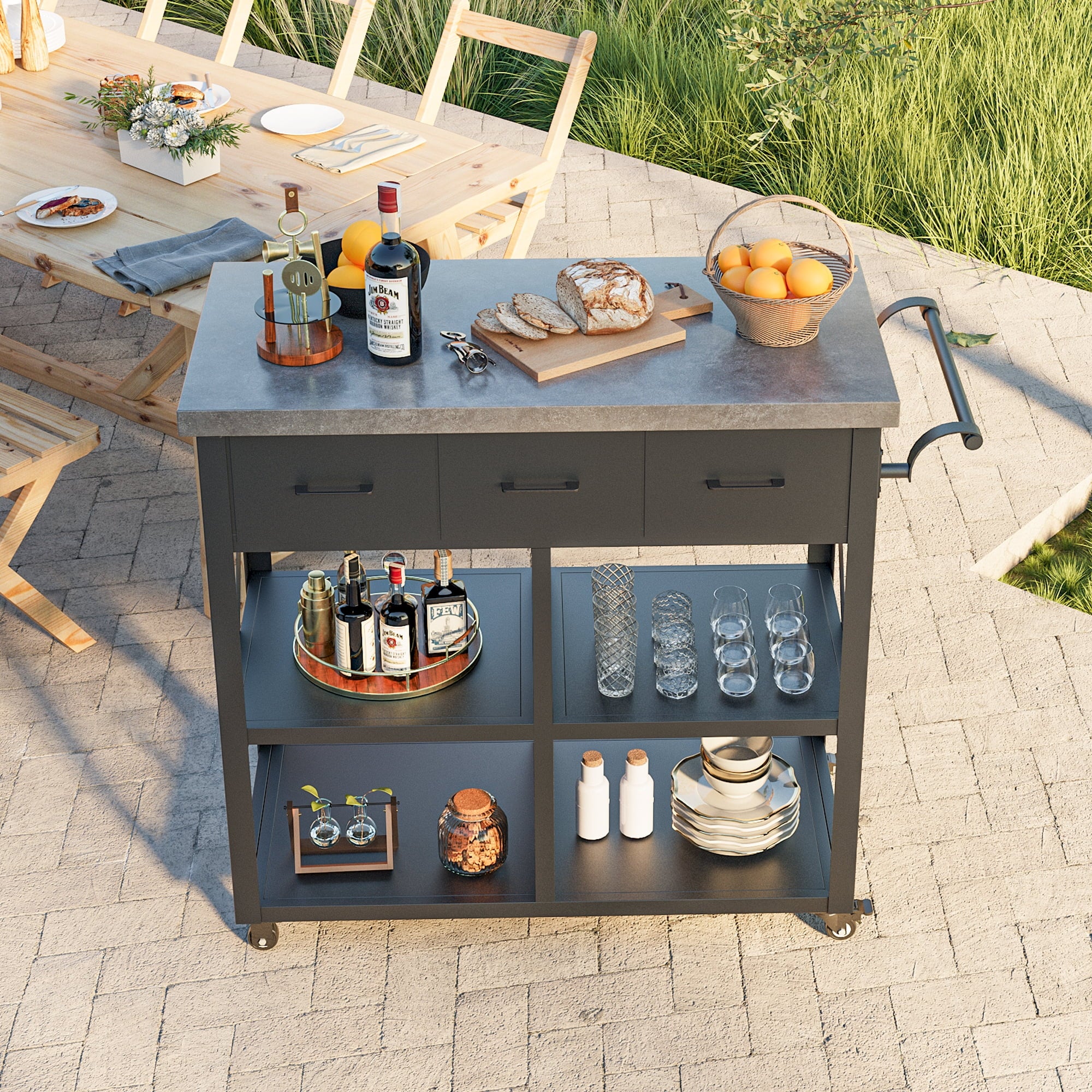 Modern Shade Outdoor Grill Cart with Marble Countertop & Drawers, 39"W BBQ Table with Locking Casters
