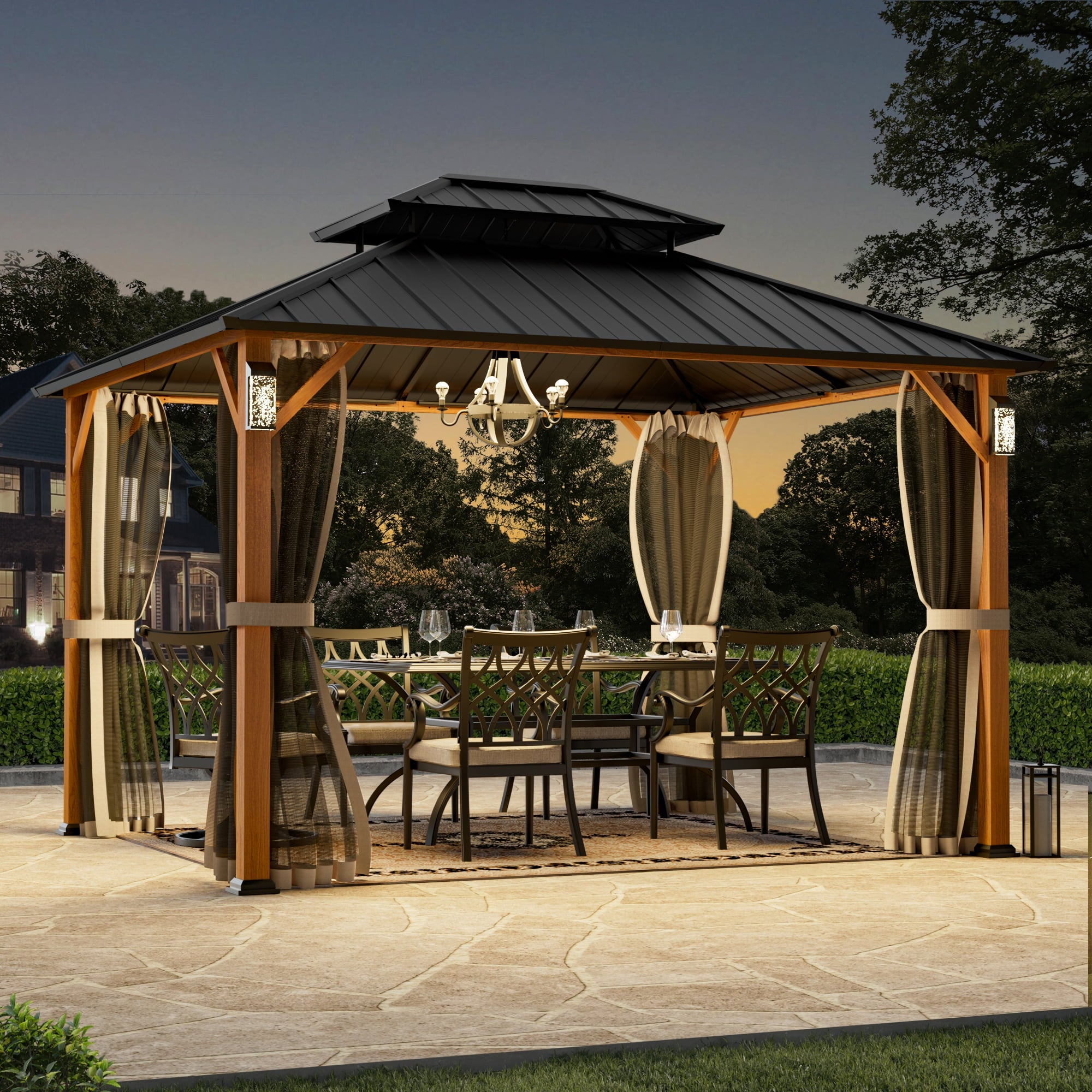 Modern Shade Horizon 12' x 12' Hardtop Gazebo with Solar LED Light, Outdoor Garden Roof Pavilion