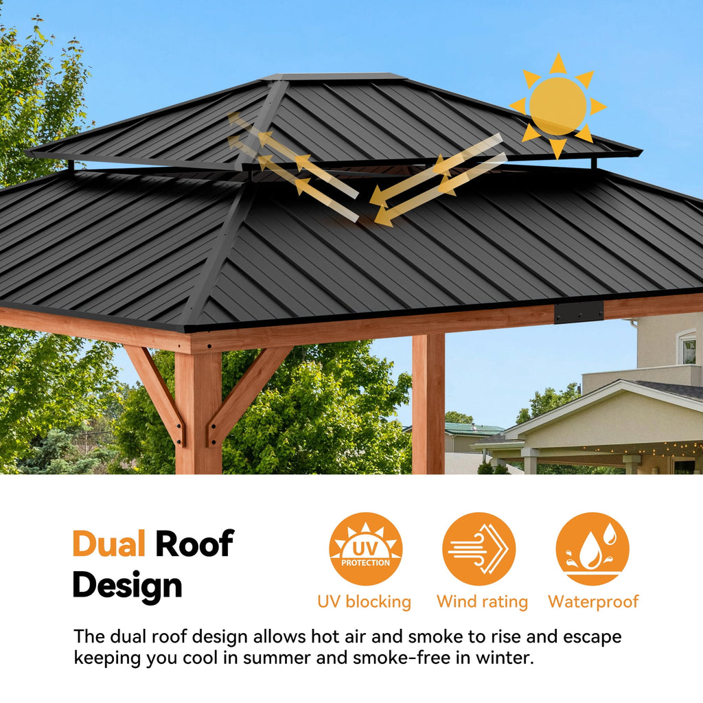 FONA 13'x15' Rosewood Cedar Grill Gazebo,Double Steel Roof,Mosquito Netting&Curtains for Backyard