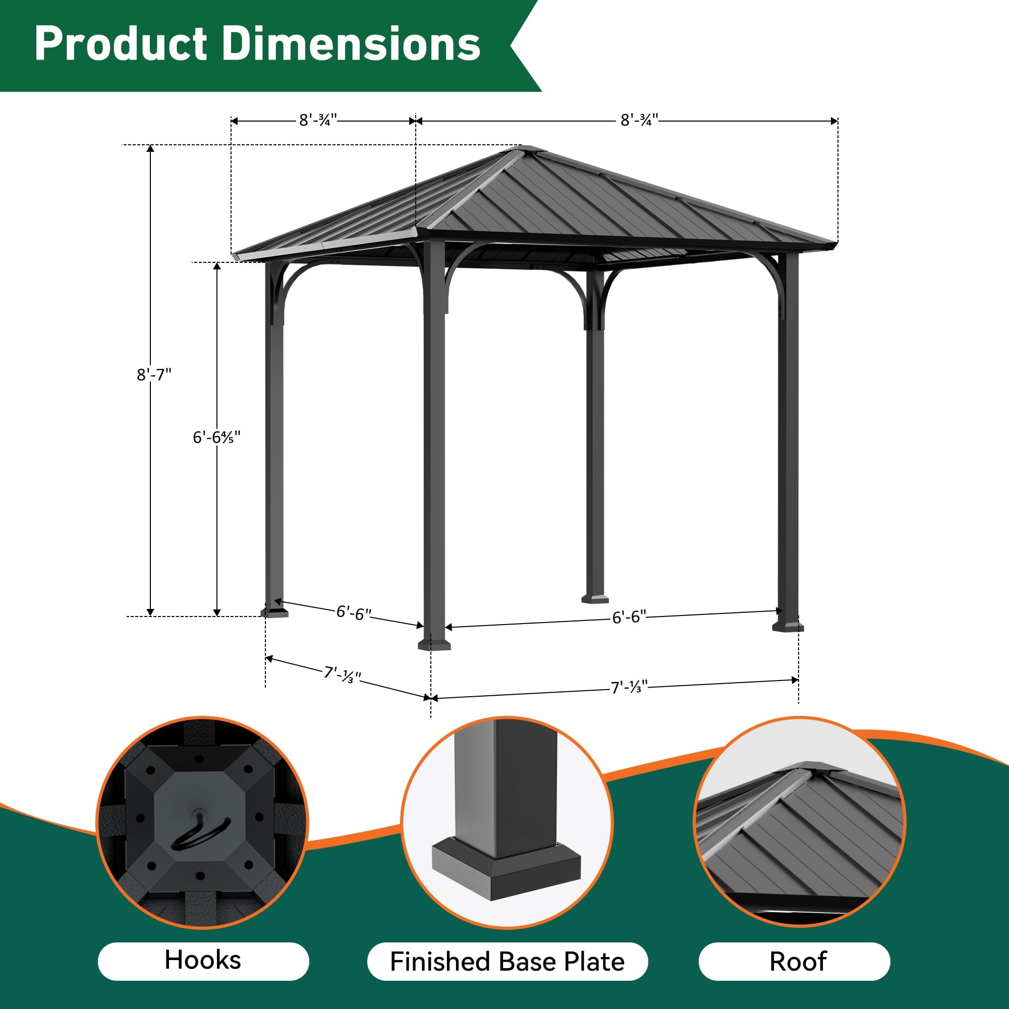 FONA 8'x8' Hardtop Gazebo with Steel Roof & Curtains,All-Weather Metal Pavilion for Patio,Backyard