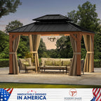 Modern Shade 10'x12' Cedar Gazebos with Double Steel Roof, Mosquito Netting Privacy Curtains Shelter with Hooks for Backyard and Patio Brown