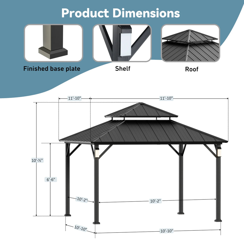 Modern Shade Hardtop Gazebo 12' x 12' with 4 LED Lights, Permanent Gazebo with Double Galvanized Steel Roof for Outdoor Backyard, Black
